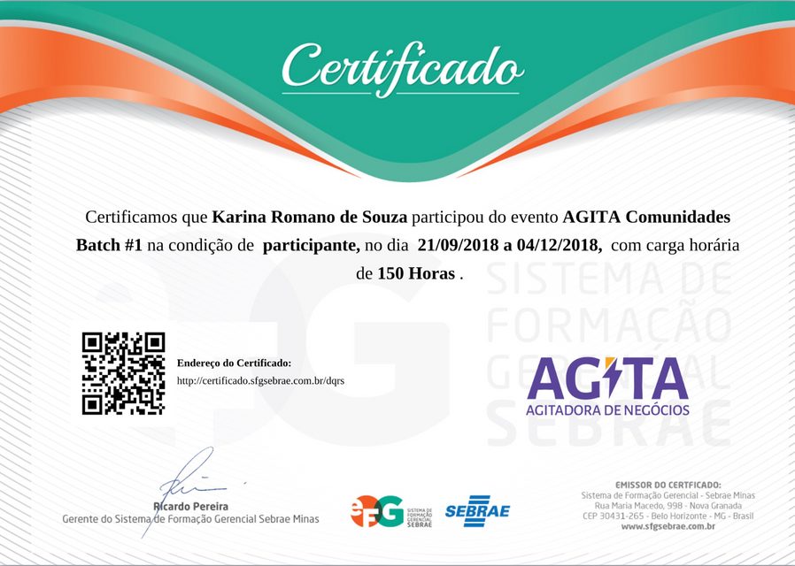 Certificado do programa AGITA Comunidades do Sebrae