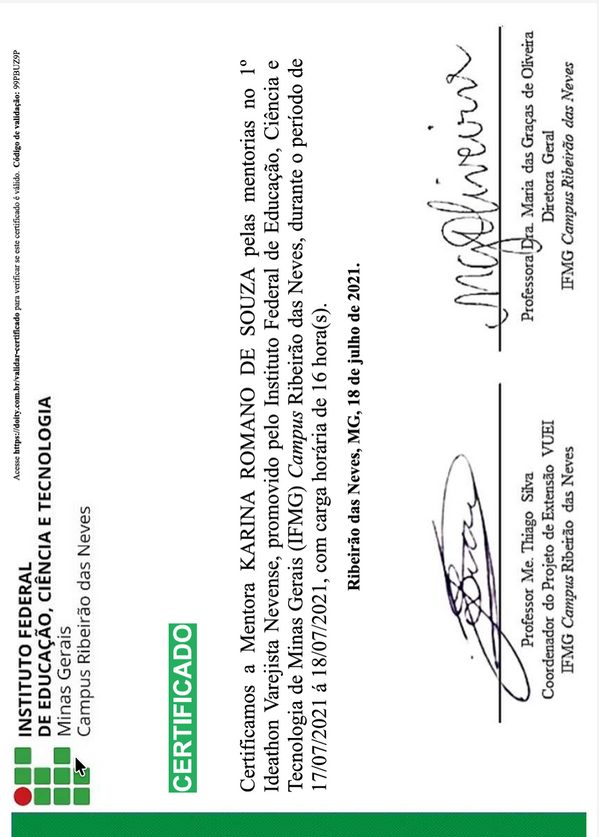Certificado de mentora no Instituto Federal do Sudeste de Minas