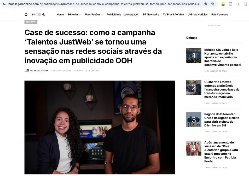 Matéria sobre o case da campanha Talentos JustWeb em publicidade OOH