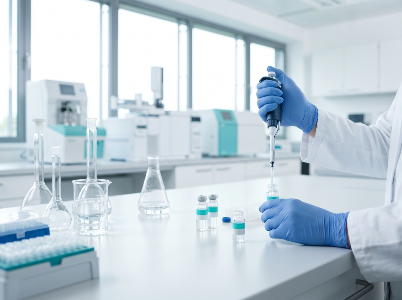 A lab technician using a pipette with glassware in a modern lab
